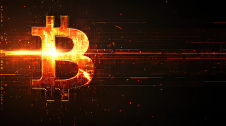 Stunning illustration of a glowing Bitcoin symbol against a dark background, representing the future of digital currency and modern finance concepts.の素材