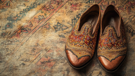 Discover the beauty of handcrafted leather shoes resting on a vintage textile. This image showcases intricate designs and rich textures, perfect for fashion enthusiasts or decor themes.の素材