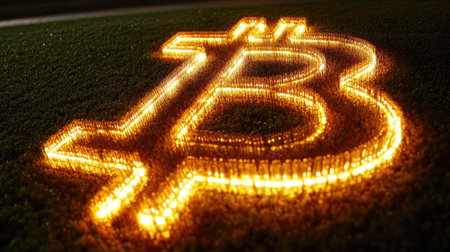 A vibrant Bitcoin symbol illuminated with light, set on grass, creates a striking visual. Perfect representation of modern finance and digital innovation.の素材