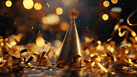 A stunning golden party hat surrounded by shimmering confetti and soft bokeh lights. Perfect for festive celebrations, including birthdays and New Year's parties.の素材