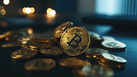 A stunning closeup of shiny Bitcoin coins scattered on a dark surface, symbolizing investment and the digital currency revolution in finance.の素材