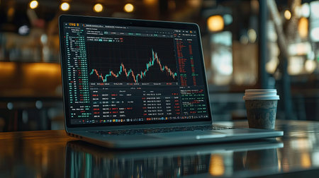 A modern laptop displays a financial trading platform with vivid graphs and data. A coffee cup sits nearby, adding to the professional workspace setting.の素材