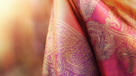 A stunning close-up of an elegant fabric showcasing a vibrant pattern. The warm colors and intricate details create a luxurious and artistic textile design.の素材