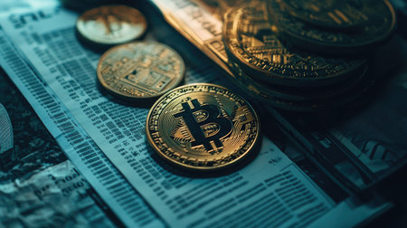A close-up view of Bitcoin coins resting on financial newspaper, symbolizing cryptocurrency investment and the digital economy. Perfect for finance themes.の素材
