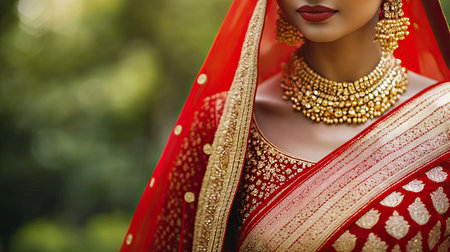 A close-up portrait showcasing traditional Indian bridal attire featuring a stunning red and gold sari, complemented by elegant jewelry and a vibrant veil.の素材