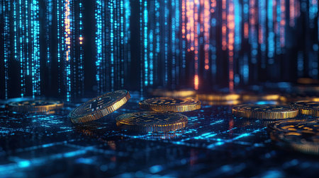 A mesmerizing image featuring digital coins against a glowing, futuristic backdrop, emphasizing the intersection of technology and finance in a virtual world.の素材