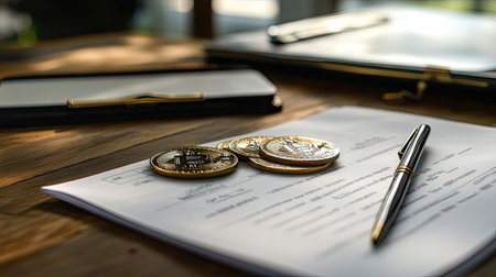 A close-up view of cryptocurrency coins on a document with a pen, representing modern finance and digital investments in a professional setting.の素材