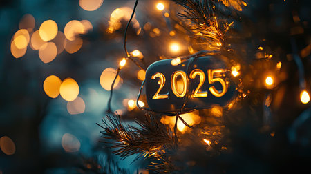 Celebrate the arrival of 2025 with this vibrant image showcasing festive lights and a charming decoration, perfect for holiday themes and New Year festivities.の素材