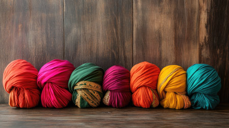 A stunning display of colorful turbans arranged neatly against a rustic wooden background, showcasing vibrant fabrics and traditional craftsmanship. Perfect for cultural themes.の素材
