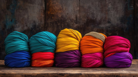 Experience the beauty of vibrant fabrics arranged in rolls, showcasing a rich color palette against a rustic wooden backdrop, perfect for textile art.の素材