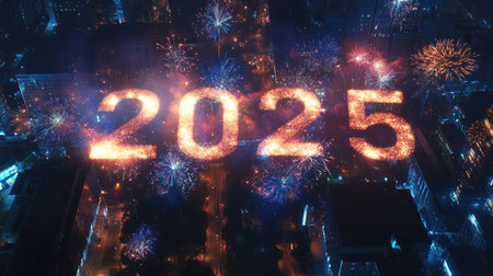 A stunning fireworks display marking the arrival of 2025 over a vibrant city landscape, capturing the joy and excitement of New Year's Eve celebrations.の素材