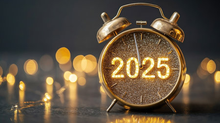 A golden alarm clock displaying "2025", surrounded by sparkling bokeh lights, symbolizing the excitement and hope of a new year celebration. Perfect for New Year themes.の素材