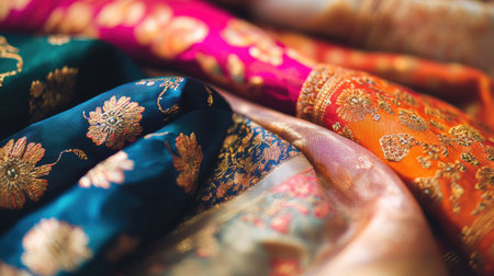 A stunning display of colorful silk fabrics featuring intricate patterns and luxurious textures, perfect for fashion and design inspiration.の素材