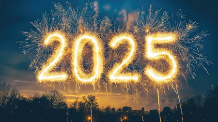 Celebrate the arrival of 2025 with this stunning fireworks display. Bright lights and vibrant colors illuminate the night sky, creating a joyful atmosphere.の素材