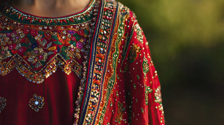 Stunning traditional outfit featuring intricate embroidery and vibrant colors. Perfect for showcasing cultural beauty and artistic craftsmanship in fashion.の素材