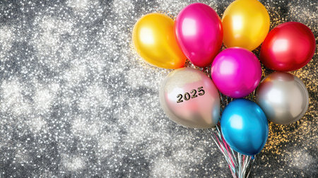 A vibrant arrangement of colorful balloons celebrating the arrival of New Year 2025, perfect for festive events and joyful gatherings.の素材