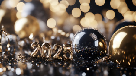 A vibrant arrangement for New Year 2025 celebration featuring gold and black decorations, shiny balloons, and festive bokeh lights that create a joyful atmosphere.の素材