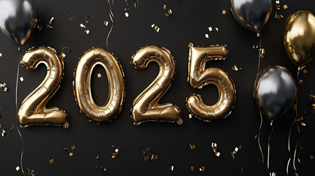 Festive golden balloons displaying the year 2025, with scattered confetti creating a joyful atmosphere, perfect for New Year celebrations and parties.の素材