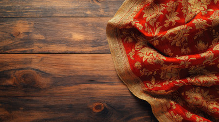 A beautiful red fabric with a gold pattern drapes elegantly across a rustic wooden surface, adding a touch of warmth and sophistication to any setting.の素材