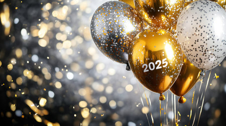 A vibrant collection of balloons in gold, silver, and white celebrating the upcoming year 2025, surrounded by sparkling confetti in a joyful atmosphere.の素材