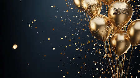 Celebrate the arrival of 2025 with shiny golden balloons and confetti. This festive image captures the joyful spirit and elegance of New Year celebrations.の素材
