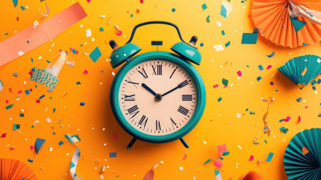 A vibrant vintage alarm clock surrounded by colorful confetti and festive decorations on a bright yellow background, perfect for celebration themes.の素材