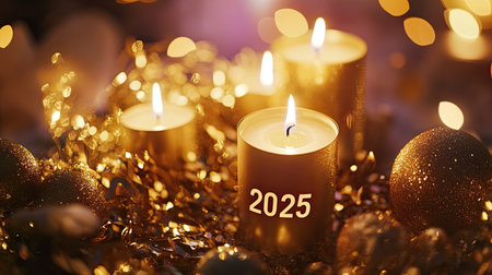 A beautifully arranged set of glowing candles with the year 2025, exuding warmth and festive charm. Perfect for celebrations and holiday ambiance.の素材