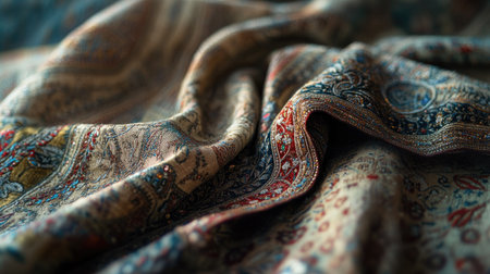 Beautiful close-up of textured fabric showcasing intricate patterns and rich colors, perfect for illustrating elegance and artistry in design.の素材