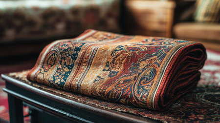 A beautifully folded vintage blanket rests on a wooden table, showcasing intricate patterns and inviting warmth. Perfect for home decor and comfort.の素材