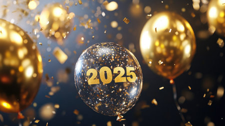 A vibrant festive scene depicting golden balloons and confetti, capturing the joy and excitement of celebrating New Year 2025. Perfect for event themes.の素材