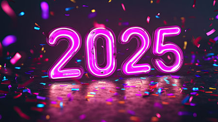 Celebrate the arrival of 2025 with this vibrant neon design featuring glowing numbers and colorful confetti, perfect for festive events and promotions.の素材