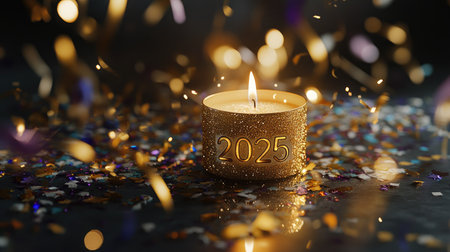 A golden candle with the year 2025 sits surrounded by colorful confetti and sparkles, creating a festive atmosphere perfect for New Year celebrations.の素材