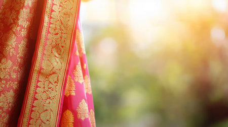 A beautiful closeup of an elegant traditional fabric featuring intricate patterns and vibrant colors, perfect for showcasing cultural heritage and craftsmanship.の素材