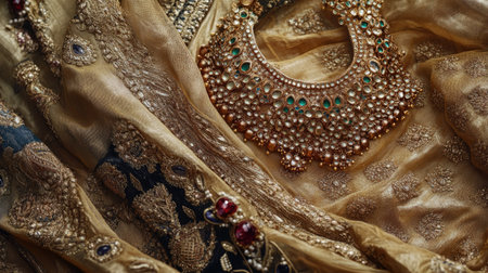 Discover the beauty of this elegant traditional Indian jewelry set against a rich fabric backdrop, featuring intricate designs and luxurious details.の素材