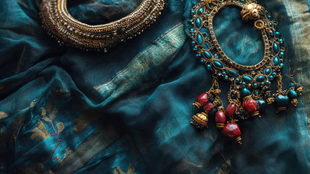 A stunning display of elegant jewelry featuring intricate earrings and a bangle, set against a rich silk fabric background, highlighting colors and craftsmanship.の素材
