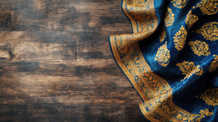 This image features a beautiful blue and gold fabric with floral designs draping elegantly over a wooden surface, highlighting traditional artistry.の素材