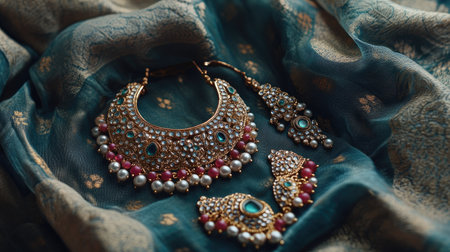 A stunning collection of elegant jewelry featuring pearls and turquoise accents, perfect for bridal wear or special occasions, showcasing intricate craftsmanship.の素材