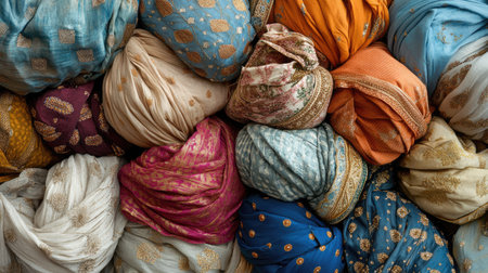 Discover a stunning array of vibrant textiles featuring rich colors and intricate patterns. Perfect for showcasing cultural heritage and artistic craftsmanship in various projects.の素材