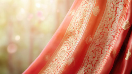 This image showcases an elegant silk fabric featuring intricate gold detailing. The soft colors and delicate patterns create a luxurious and artistic feel, ideal for fashion and design.の素材