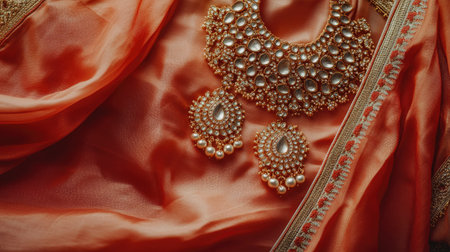 This stunning image showcases elegant jewelry, featuring a beautiful necklace and earrings, displayed on luxurious silk fabric, perfect for traditional occasions.の素材