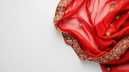 This elegant red fabric features intricate embroidery, perfect for fashion and textile design. Ideal for artistic and cultural projects, showcasing beauty.の素材