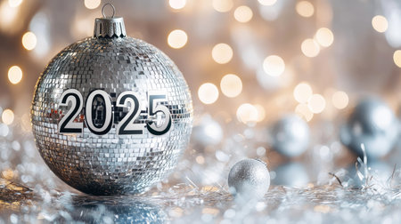 A stunning silver disco ball ornament featuring the year 2025, perfect for festive decorations. Soft bokeh background enhances the holiday spirit.の素材