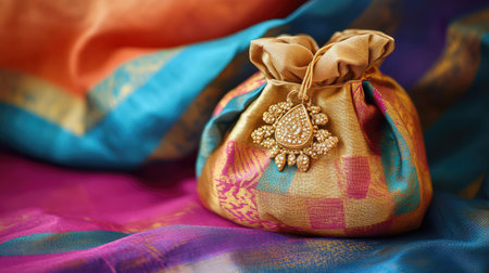 A stunning golden pouch sits elegantly on a colorful silk background, showcasing intricate design and rich textures, perfect for capturing cultural beauty.の素材