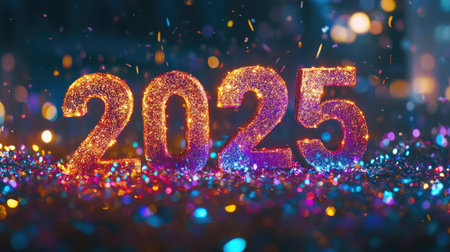 This vibrant image captures a sparkling 2025, perfect for New Year celebrations. Brightly lit with confetti and shimmer, it evokes joy and excitement for new beginnings.の素材