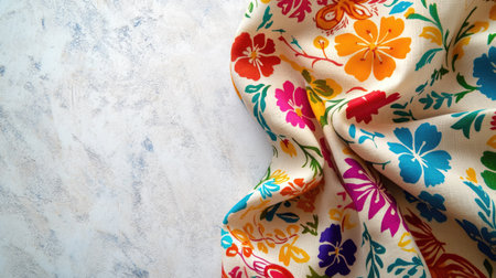 A vibrant floral fabric showcasing a blend of colorful flowers on a light background, perfect for adding a touch of elegance and charm to any project.の素材