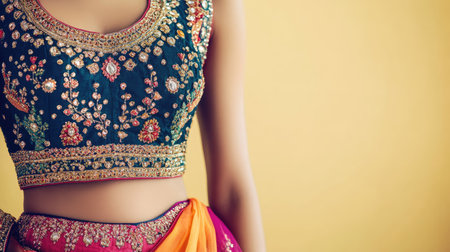 Stunning close-up of a traditional Indian dress featuring intricate embroidery and vibrant colors. Perfect for cultural celebrations or fashion showcases.の素材