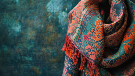 A beautifully patterned scarf showcases rich colors and intricate designs, adding elegance and warmth to any attire or decor. Perfect for fashion enthusiasts.の素材