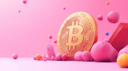 A stunning visual of a Bitcoin coin amidst vibrant shapes and textures, capturing the essence of digital finance and cryptocurrency in a playful and artistic manner.の素材