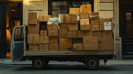 A delivery truck stacked high with cardboard boxes is parked on a lively urban street, illustrating the hustle of logistics and commerce in city life.の素材
