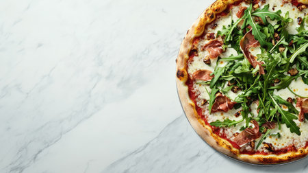 An appetizing pizza featuring fresh arugula, savory prosciutto, and nutty parmesan, artfully presented on a marble surface, ideal for food enthusiasts and culinary showcases.の素材